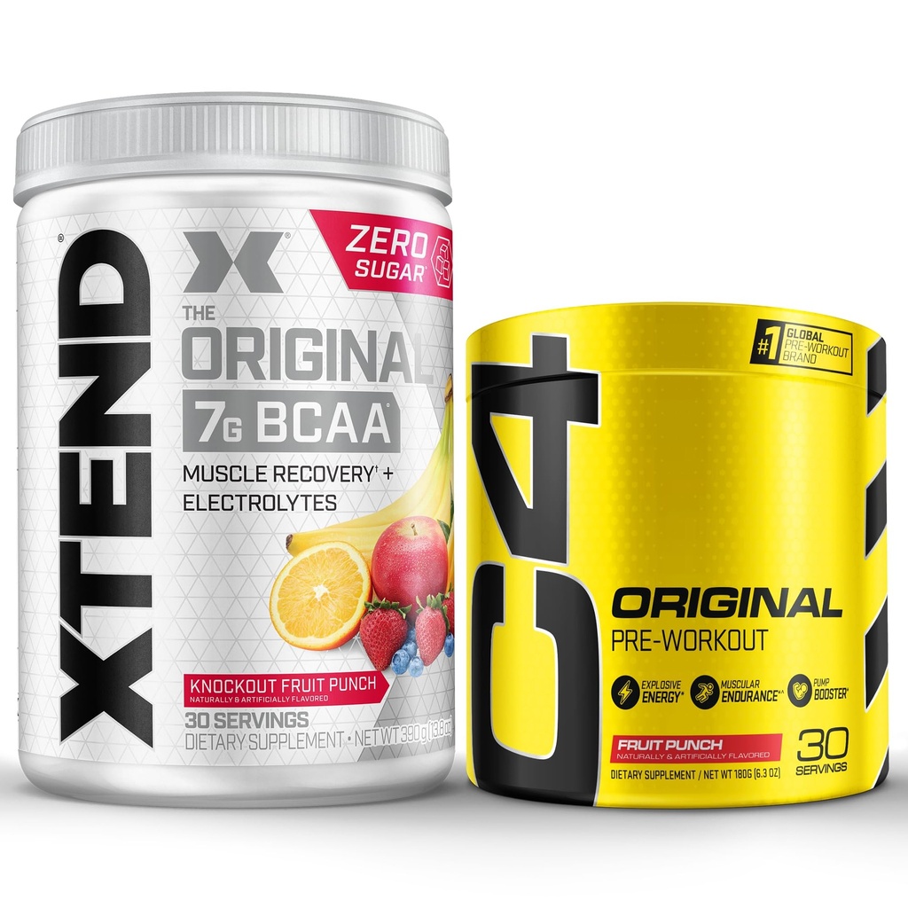Cellucor Pre Treino & BCAA Bundle, C4 Original Pre Treino Pó, Fruit Punch, 30 Servings + XTEND BCAA Pó, Knockout Fruit Punch, 30 Servings