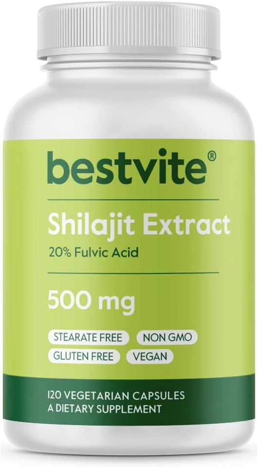 BESTVITE Puro Shilajit Extract 500mg (120 Cápsulas vegetarianas) - Sem estearatos - Vegan - Não OGM - Gluten Free - padronizado a 20% Ácido Fulvico