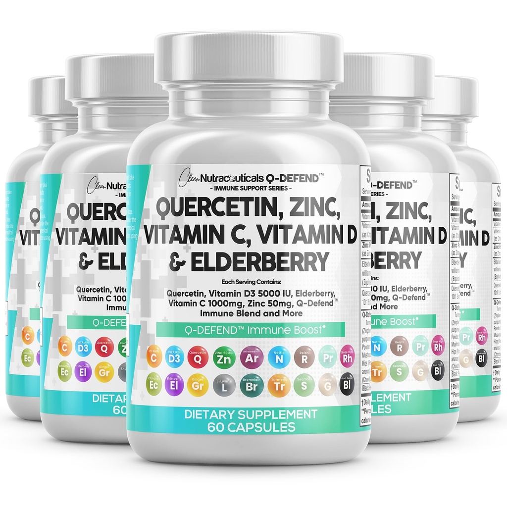Nutracêuticos limpos Quercetin Zinc Vitamina C Vitamina D Bromelain Elderberry - Lung Immune Suplemento de suporte Adultos com Artemisinina, Sea Moss, Echinacea, Alergia (60 Count (Pacote de 5))