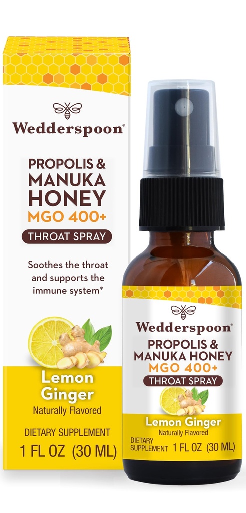 Wedderspoon Própolis e Manuka Honey Throat Spray, Lemon & Ginger, 1 Fl Oz (Pacote de 1), Alívio da Garganta Dolorida, Suporte Imune Natural