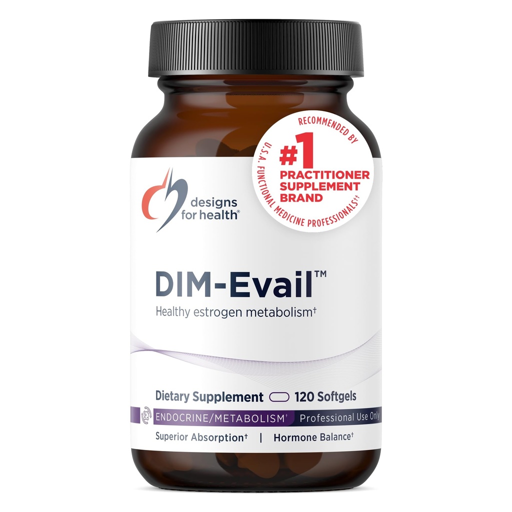 Designs para a saúde DIM-Evail - 100mg Suplemento DIM Absorção Melhorada Diindolilmetano - Suporta Metabolismo de Estrogênio Saudável e Saúde da Mulher - Não-GMO e Sem Soja (120 Softgels)