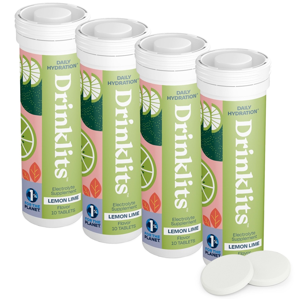 Drinklits Lemon-Lime diária Eletrolyte Hydration Tablets (4) Tube Bundle - 0g de açúcar - Excelente sabor - 40 Servings - 10 Tablets por tubo