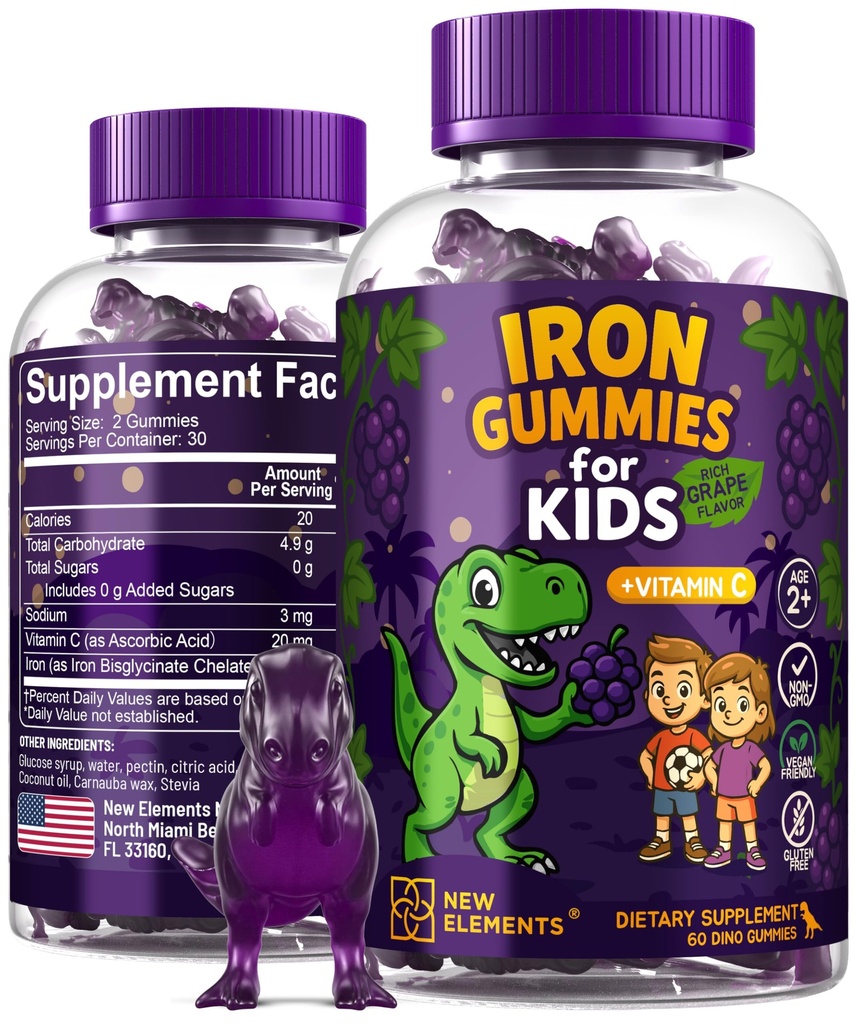 Pastilhas de Dinossauro de Ferro para Crianças com Vitamina C – Livre de Açúcar, Vegan, Sem Glúten e Não-GMO – Alivio de Anemia, Energia e Saúde do Sangue Suporte – Sabor de Uva, Base de Pectina para Saúde Optimal