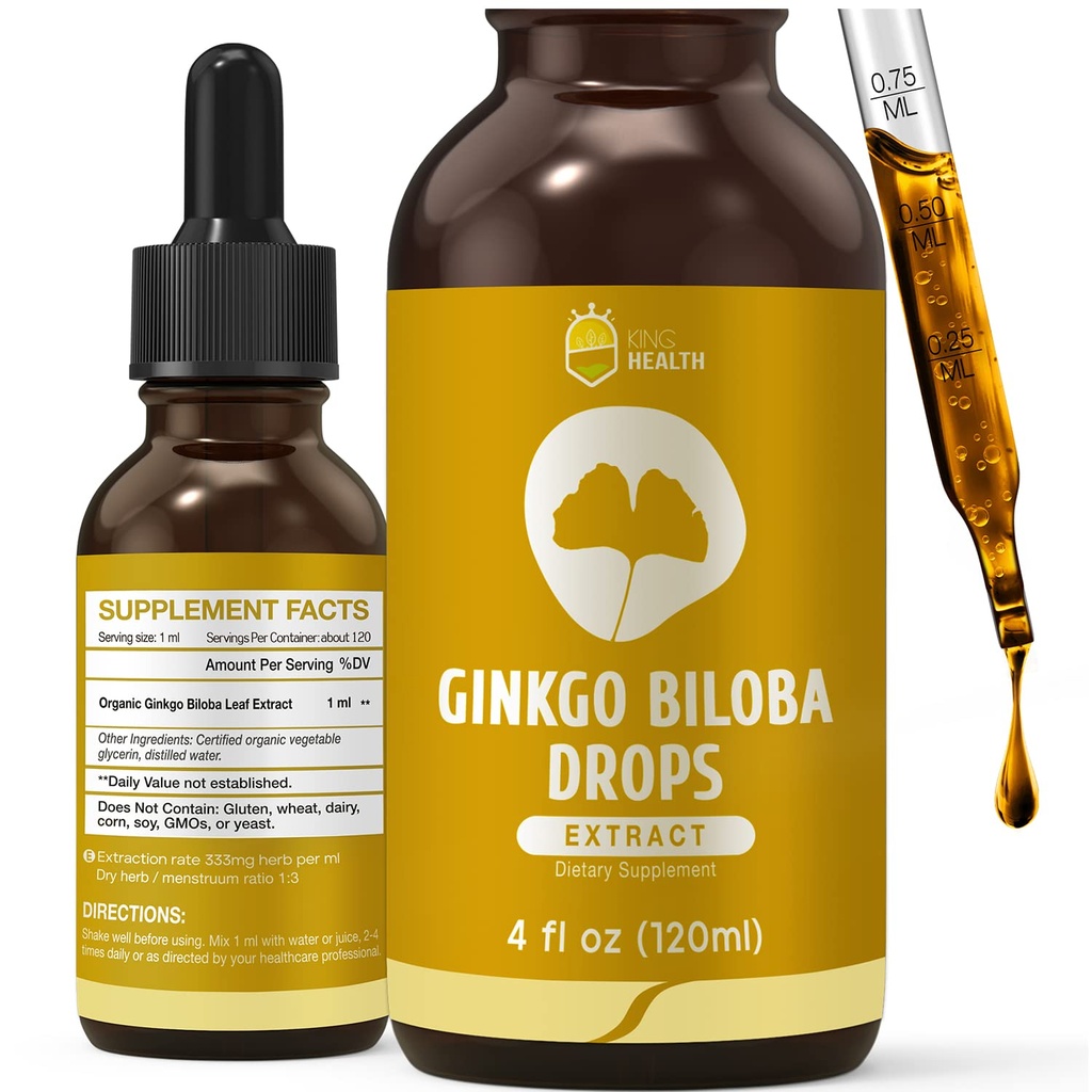 Orgânico Ginkgo Biloba Extrair Suplementos Líquidos, Cérebro e Foco Suporte, 98% Absorção, Vegan, Não-GMO, Álcool e Glúten Grátis - 4 Fl Oz