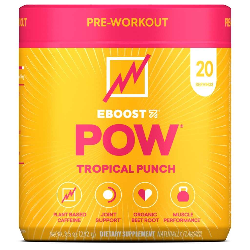 EBOOST POW Natural pré-treino em pó – 20 Servings - Tropical Punch - Um suplemento pré-treino para desempenho, apoio à mobilidade conjunta, energia, foco - Homens e mulheres - Não-GMO, sem glúten, sem creatina