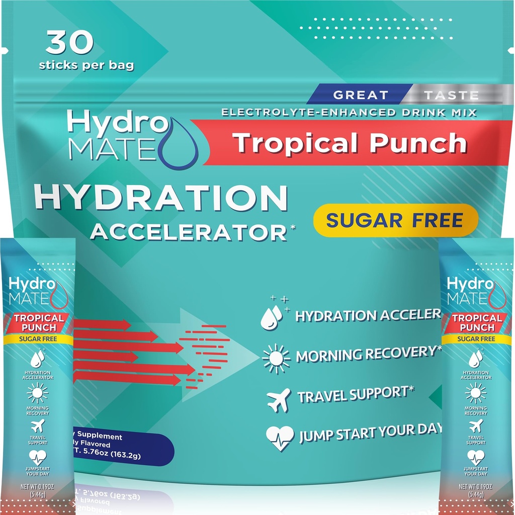 Pacotes de hidratação sem açúcar de pó de eletrólito Tropical Punch HydroMATE 30 Sticks