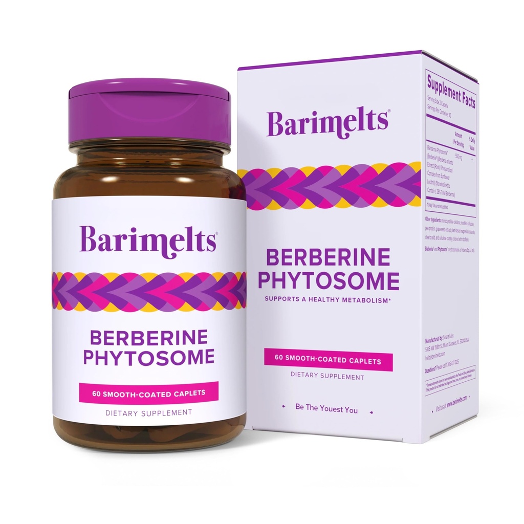 Fitossoma berberino de Barimelts 550mg para usuários de GLP-1 e pacientes bariátricos - Suporte ao metabolismo - 60 Caplets Suave-revestidos (1-fornecimento de mês)