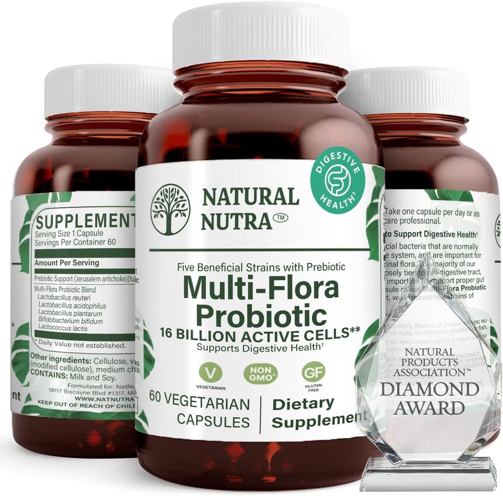 Natural Nutra Ultimate Flora Probiótico para mulheres e homens, Ajuda a melhorar a digestão, Contribui para a saúde geral, Promove o sistema imunológico, Multi-Strain com Lactobacillus, Acidophilus, 60 Cápsulas