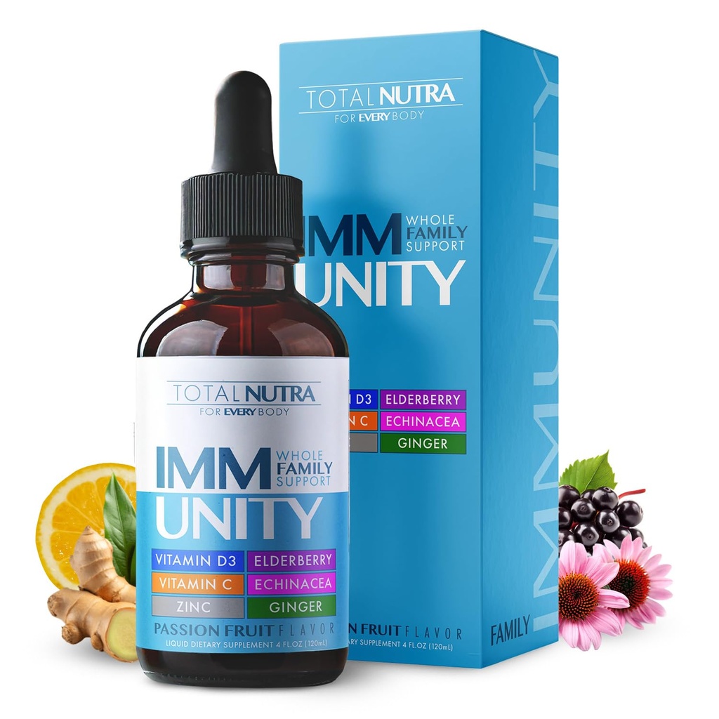 Total Imune 6-em-1 Suplemento de Multivitamínico Líquido 100% Zinco diário, Vitamina D3, Imunidade de Vitamina C Gotas Vitamina Líquido, Elderberry, Echinacea, Ginger Support for Adults & Kids