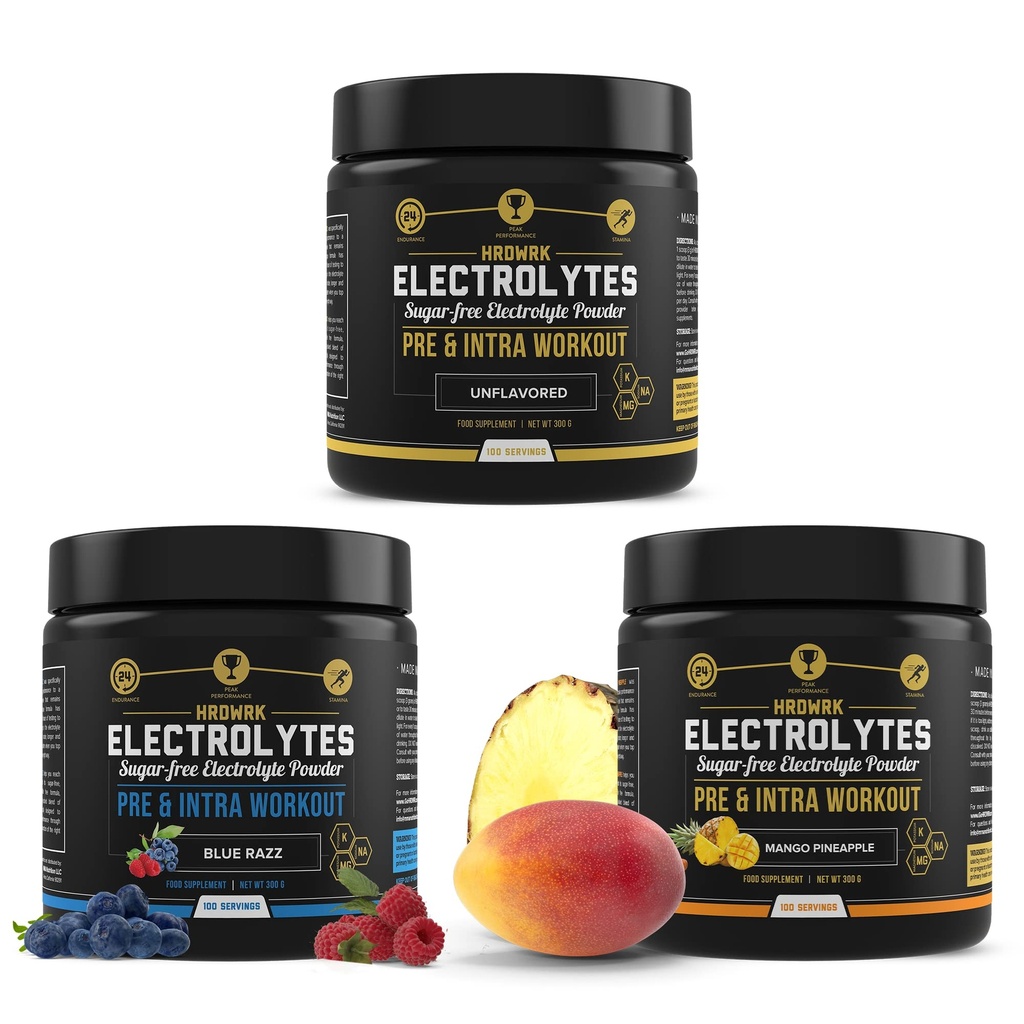 MMA Nutrition HRDWRK - 100 Servings Keto Electrolytes Pó Hidratação Açúcar Livre - Electrolyte Pó para aumentar a resistência e reduzir a fadiga com eletrólitos Suplemento Conjunto de 3