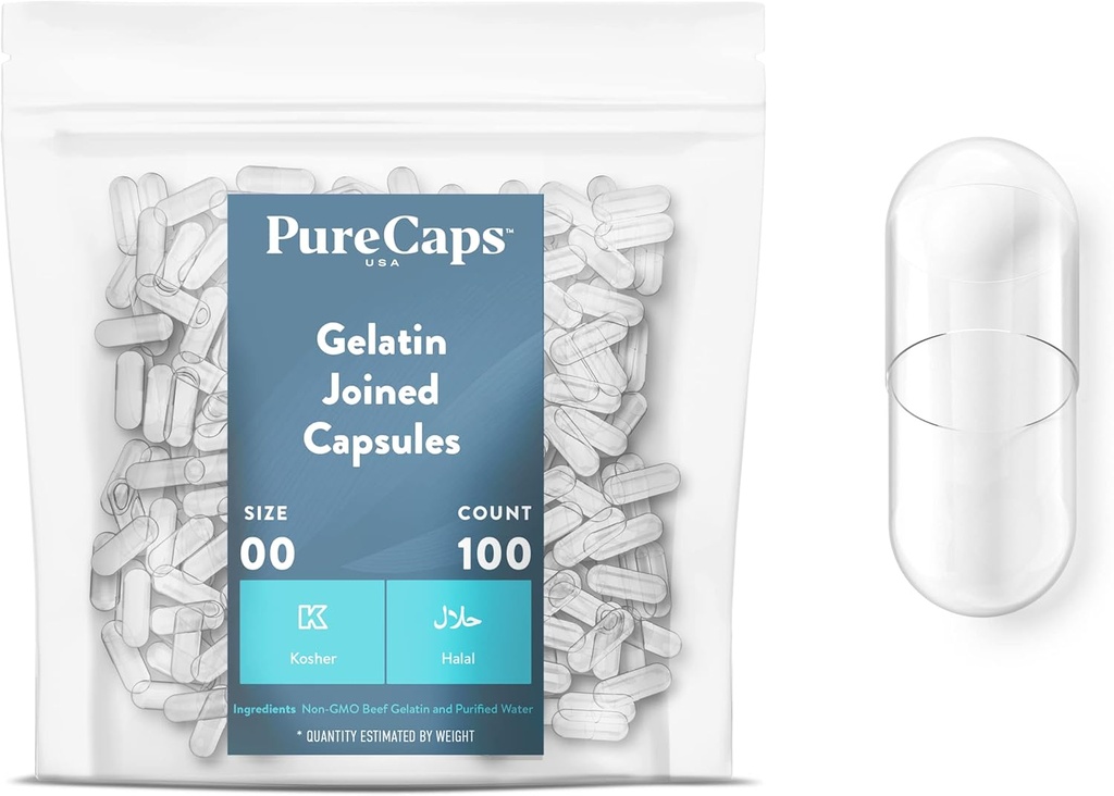 PureCaps EUA - Cápsulas de Gelatina Esvaziadas Tamanho 00 o 100 comprimidos integrados Clear o Não-GMO Certified o SLS, Gluten, Preservative Free