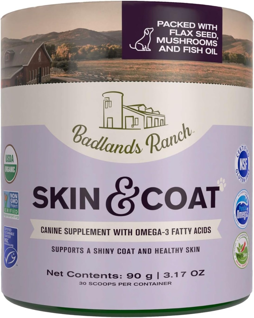 Badlands Rancho - Pele & casaco Canino Suplemento w/Omega-3 ácidos gordos, Org. Ingredientes, Antioxidante Topper, Nurish Coat & Patas, Joint, Suporte Revestimento brilhante & Pele saudável por Katherine Heigl (30 Scoops)