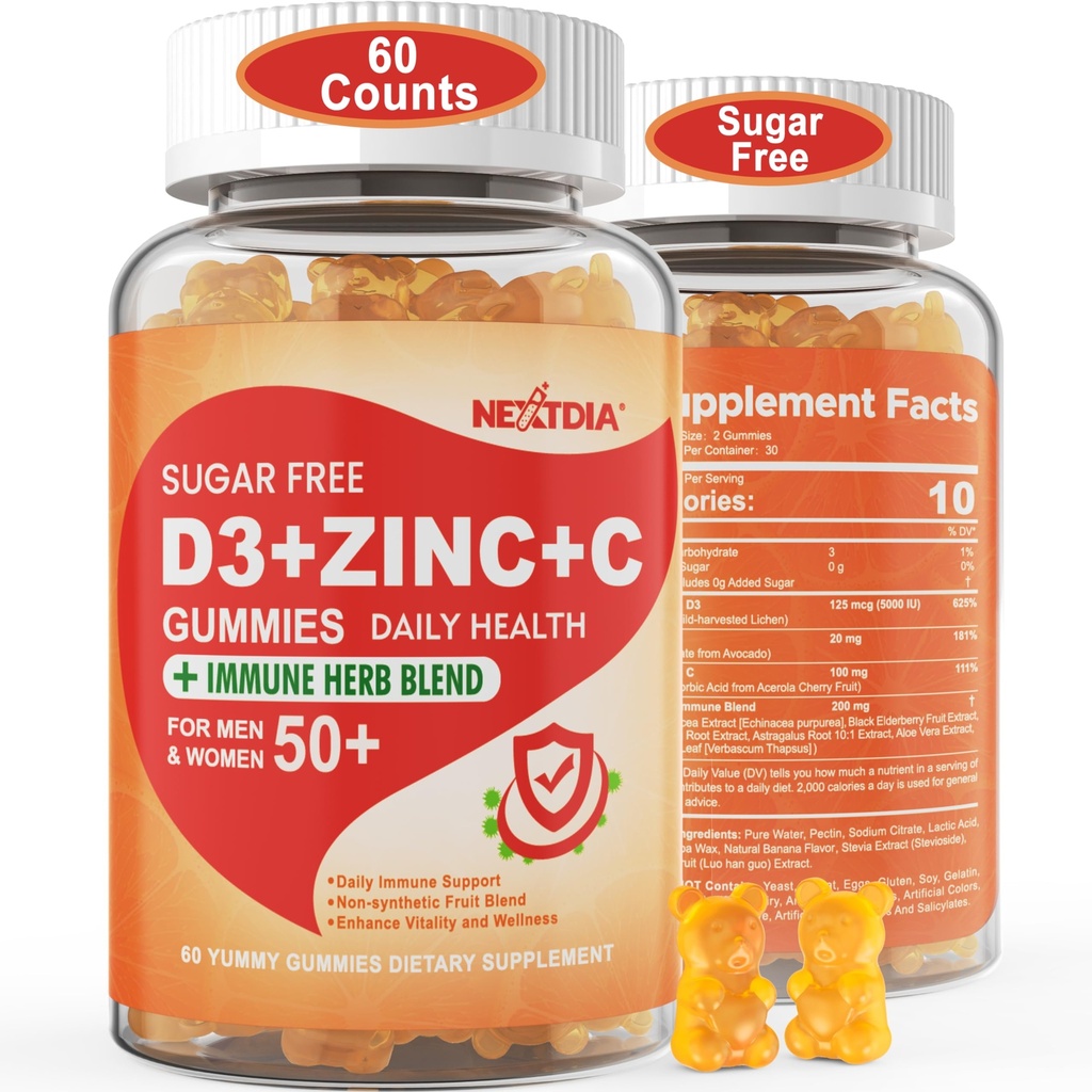 Açúcar sem vitamina C + D3 + gomas de zinco para adultos 50 +, 9 em 1 Suplemento de defesa imune com D3 5000UI, Elderberry, Echinacea, Folha de Mullein para aumentar a imunidade, Antioxidante de energia, Vegan (Pacote de 1)
