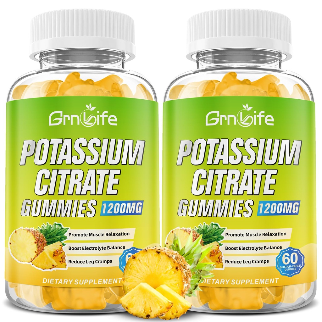Gomas de citrato de potássio, pastilhas de alta Potássio Suplemento 1200mg Suporte Cães Pernas & Saúde Muscular, para adultos e crianças, Vegan, Abacaxi sabor 120 Conde