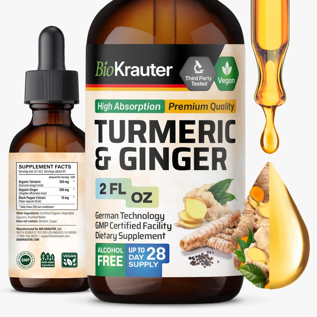 BIO KRAUTER Turmeric and Ginger Supplement Tintura - Curcumina Açafrão Imune Suporte Drops - Extrato de Ginger com pimenta preta - Fórmula Vegan - 2 Fl.Oz.