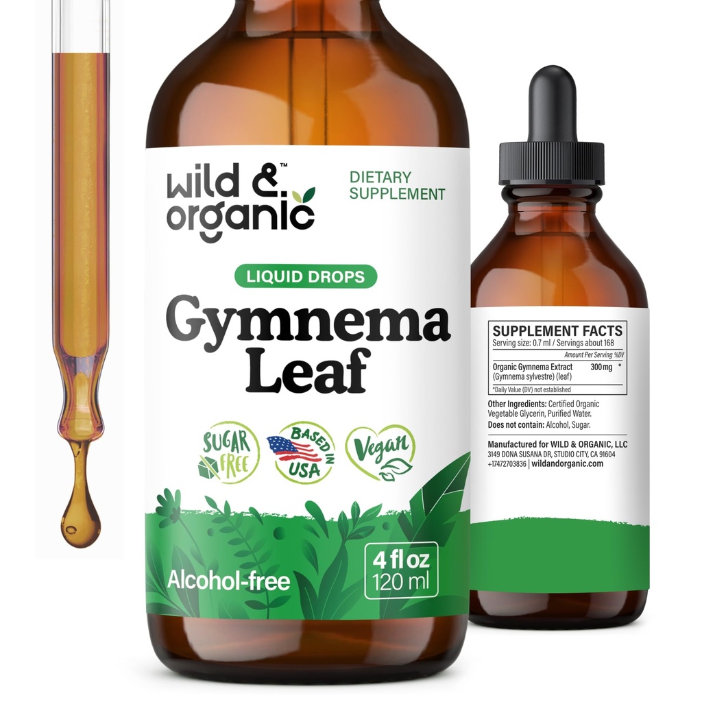 Wild & Organic Gymnema Sylvestre Extract Drops - Sugar-Free Gymnema Sylvestre Suplementos - Gurmar Powder Based Tintura - Vegan, Alcohol-Free Leaf Liquid Drops - 4 fl oz