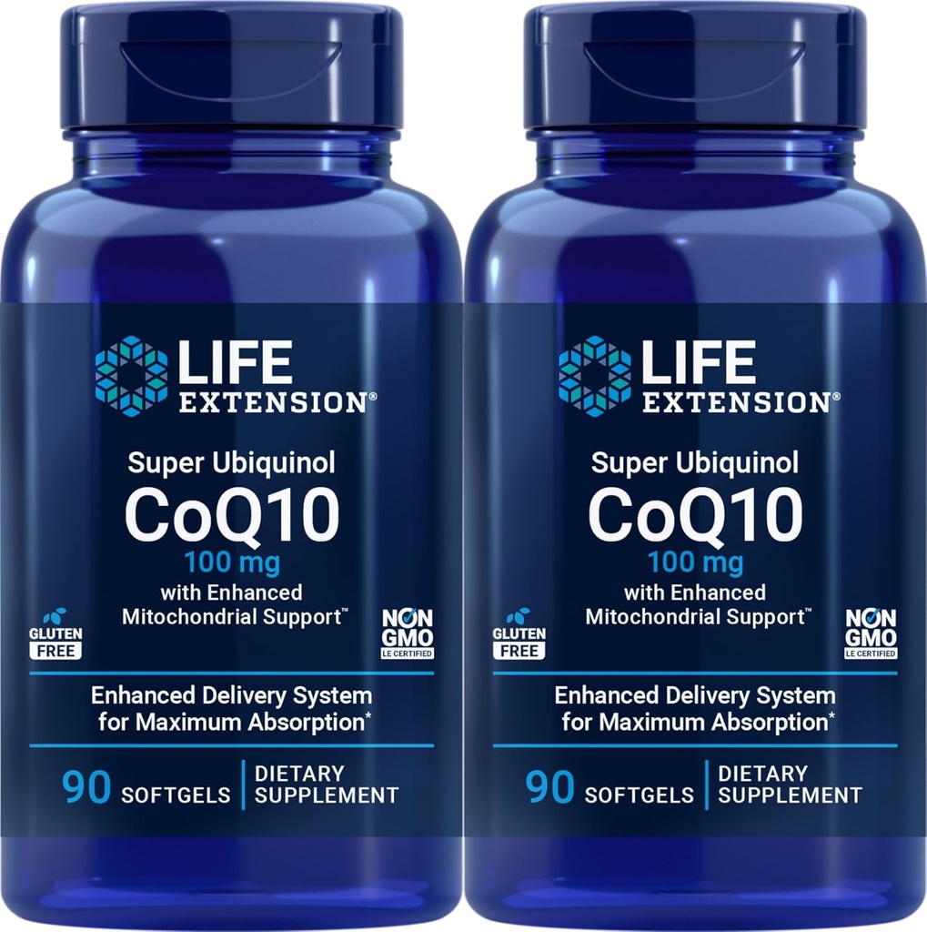 Extensão de vida COQ10 Super Ubiquinol 100mg 90 contagem (Pacote de 2) com suporte mitocondrial melhorado