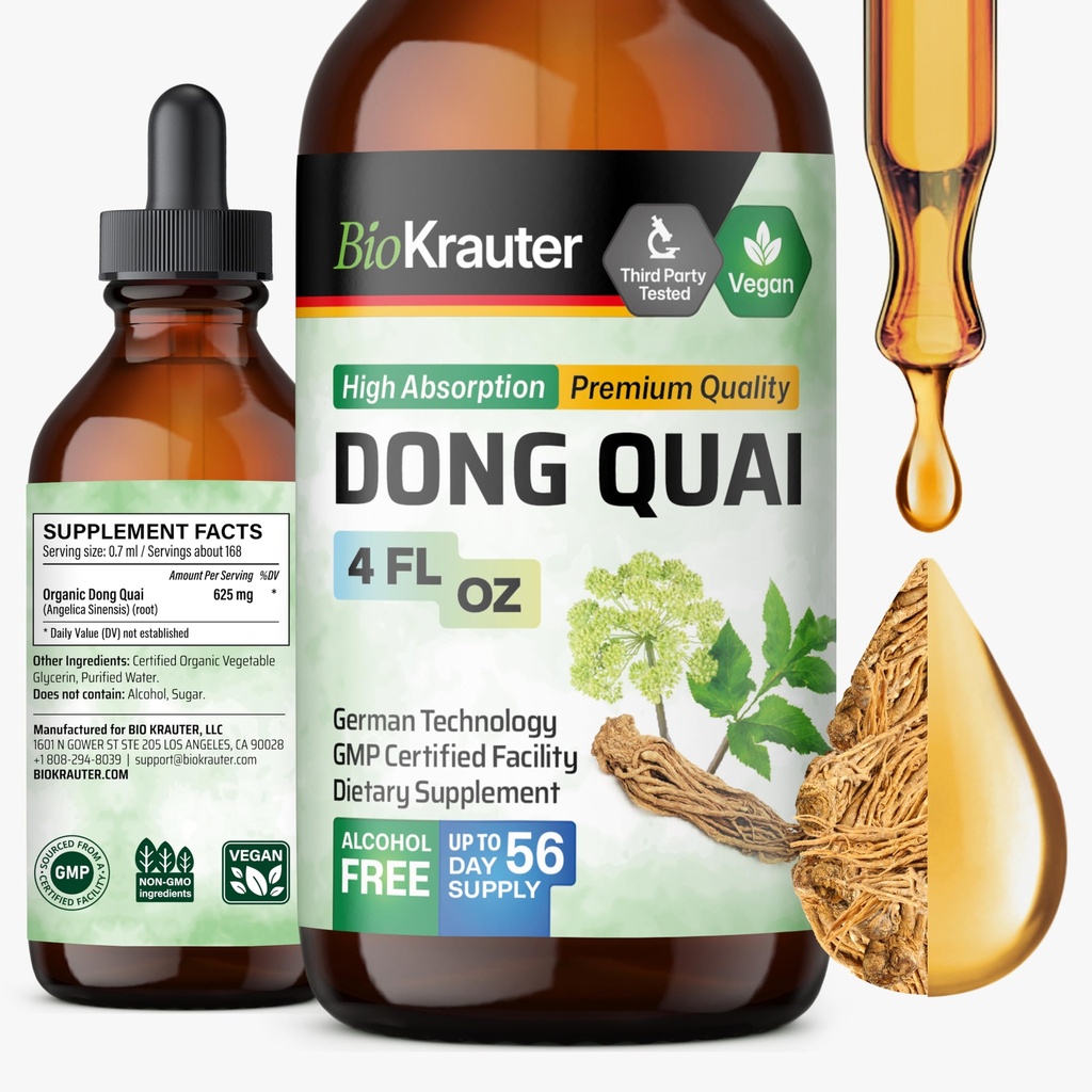 BIO KRAUTER® Suplementos de Menopausa para Mulheres* - Dong Quai Drops 4 Fl.Oz 56 Dias de Abastecimento - Vegan Angelica Raiz Tintura para Apoio de Menopausa - Álcool & Açúcar Grátis - Relaxamento & Bem-Estar das Mulheres
