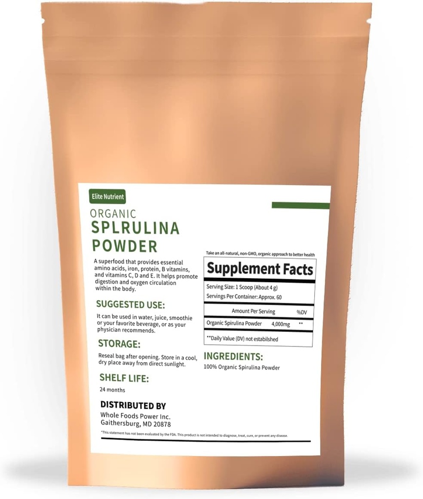Pó de espirulina orgânica, não-GMO, certificado USDA, um superalimento com alta proteína, aumentar a energia, melhorar a imunidade, pacote individual