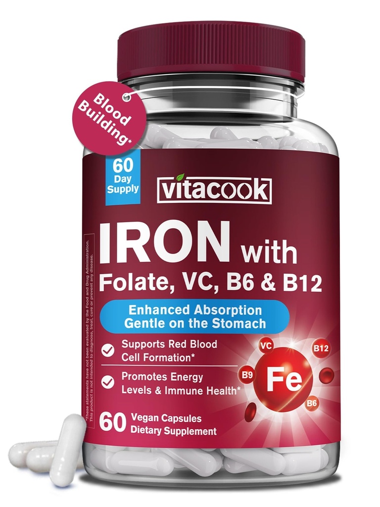 Suplemento de ferro para mulheres e homens, Bisglicinato de ferro com vitamina C, B6, B12, Folato, Estômago amigável, Não-constipante, Sangue Saúde & Energia Boost, 60 Vegan Caps