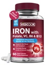 Suplemento de ferro para mulheres e homens, Bisglicinato de ferro com vitamina C, B6, B12, Folato, Estômago amigável, Não-constipante, Sangue Saúde & Energia Boost, 60 Vegan Caps