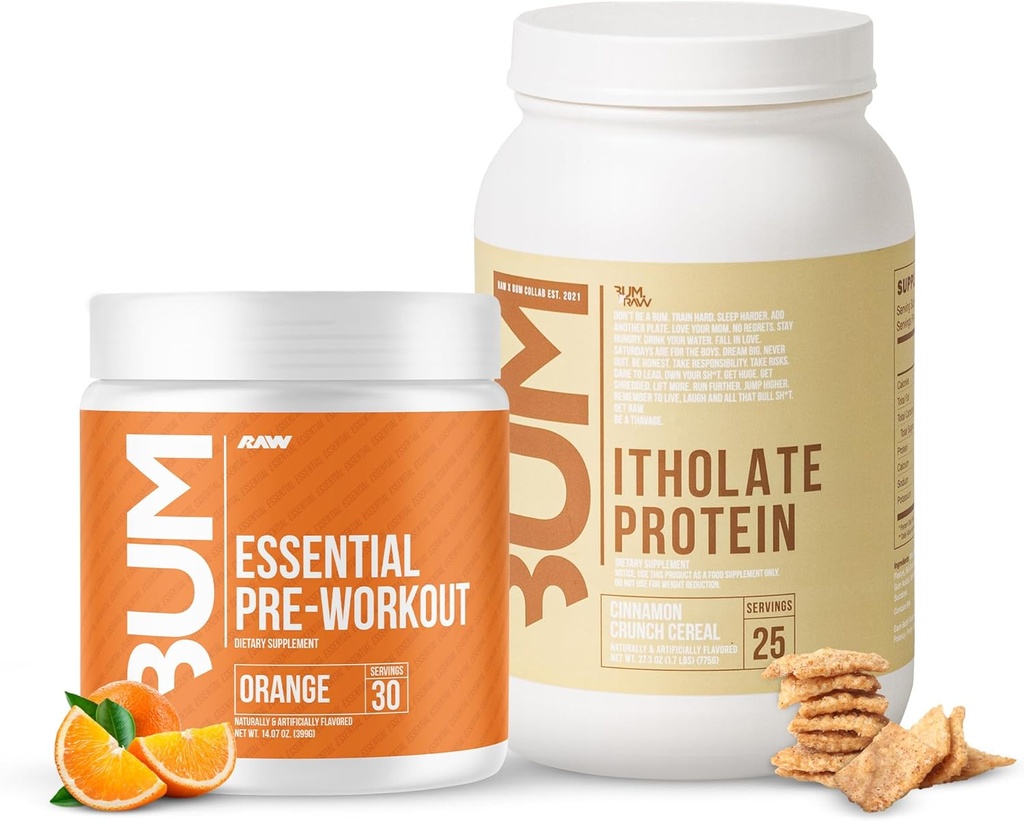 Whey RAW Isolate Protein Powder & Essential pré-trabalho em pó (Cinnamon Crunch & Orange) - Chris Bumstead Sports Nutrition Supplement for Men & Women