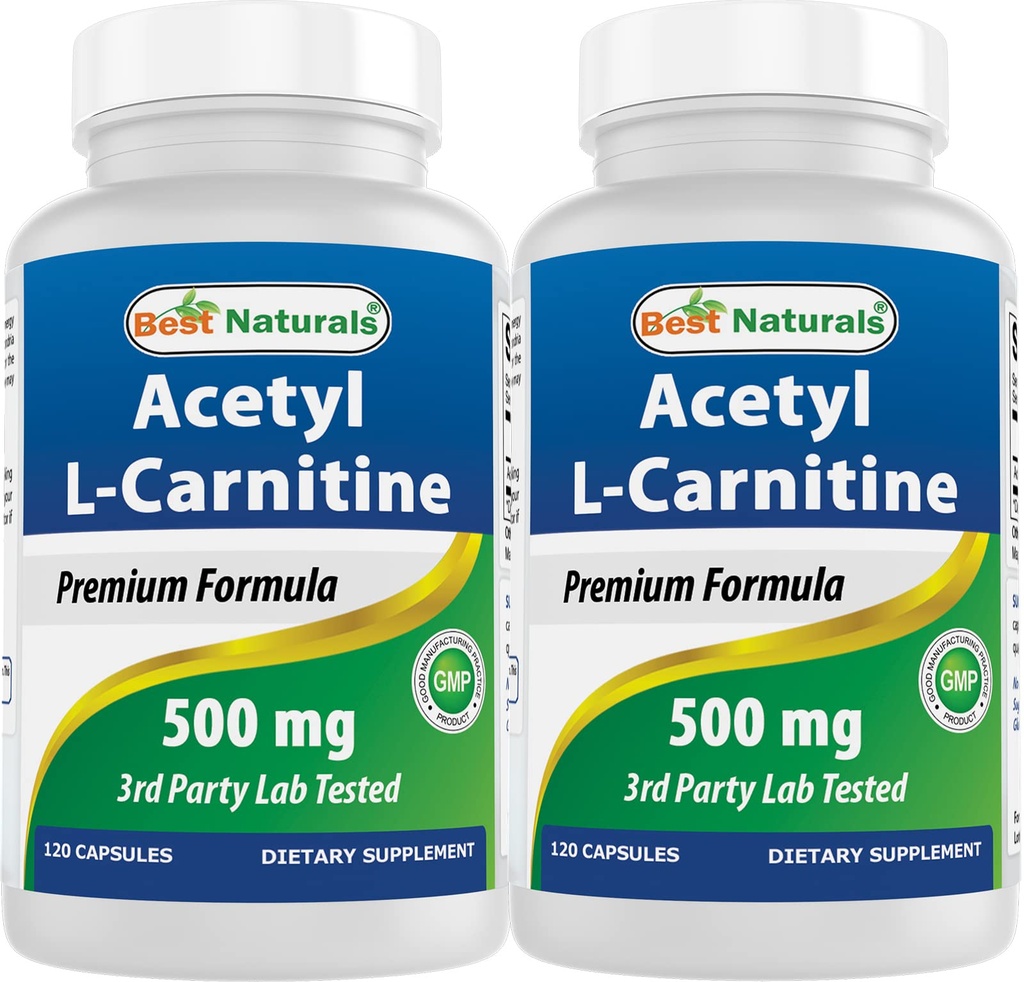 Best Naturals Acetil L-Carnitina (ALCAR) 500mg, 120 Cápsulas, 120 Servings - Não-GMO e Glúten Grátis, 1 Cápsula por Serviço (2 Embalagem)