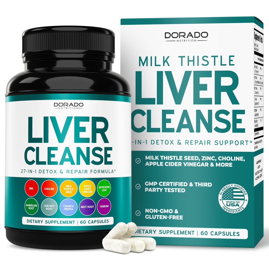 Fígado Cleanse Detox & Repair 27 em 1 Fórmula - Cardo de leite, Raiz de dente-de-leão, Turmérica, Extrato de alcachofra & Mais - Suplemento de suporte de detox de fígado - 3o partido testado, Vegan Safe & USA Made (60 Conde)
