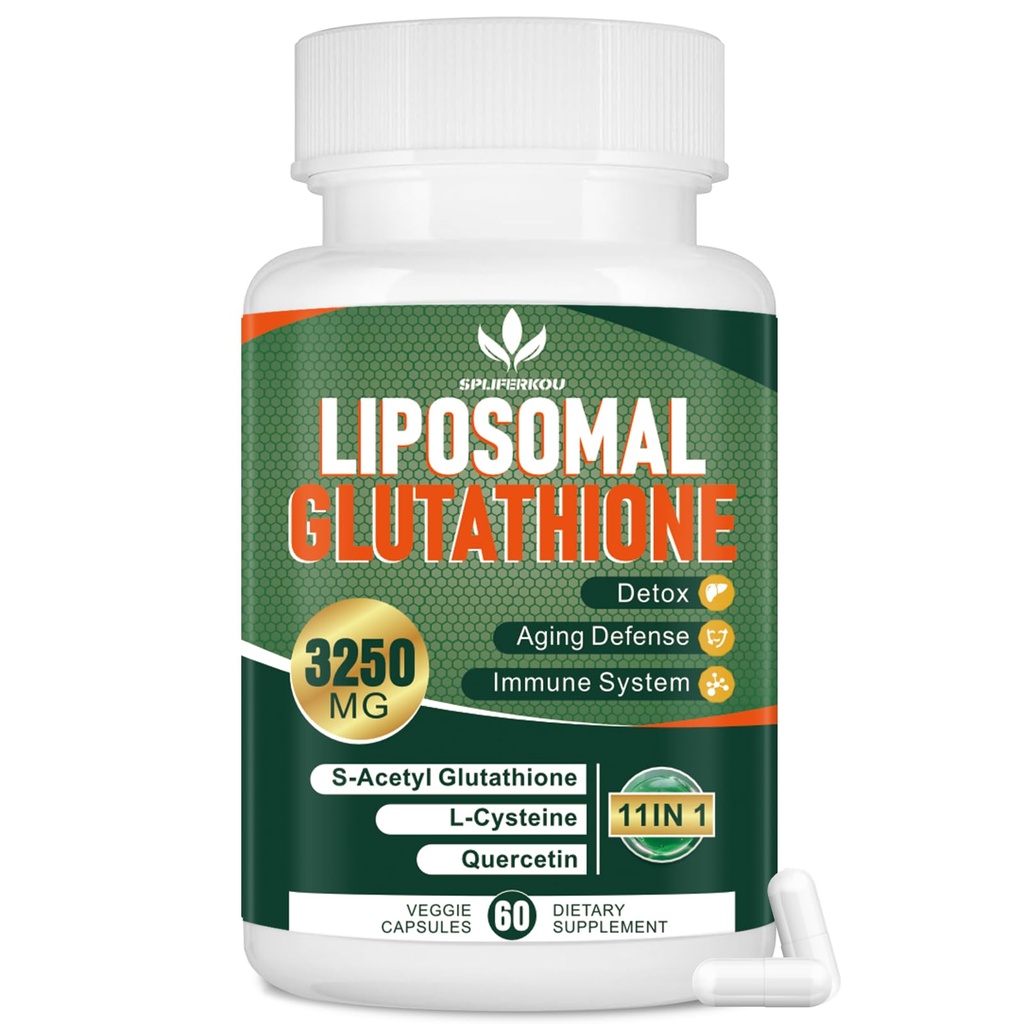 3250 MG Suplemento de Glutationa lipossómica, L-Glutationa reduzida com Resveratrol, Quercetina, Suplemento Antioxidante para Sistema Imune,Gluten Free & Non-GMO, 60 Cápsulas