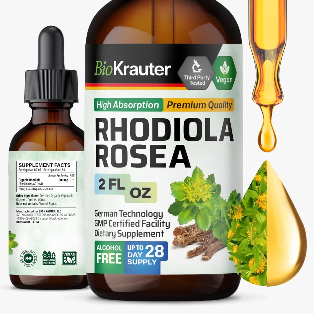 BIO KRAUTER Rhodiola Rosea Suplemento Líquido - Puro Rhodiola Rosea Tintura - Vegan calma apoio - Álcool e açúcar Extrato grátis 2 Fl.Oz.