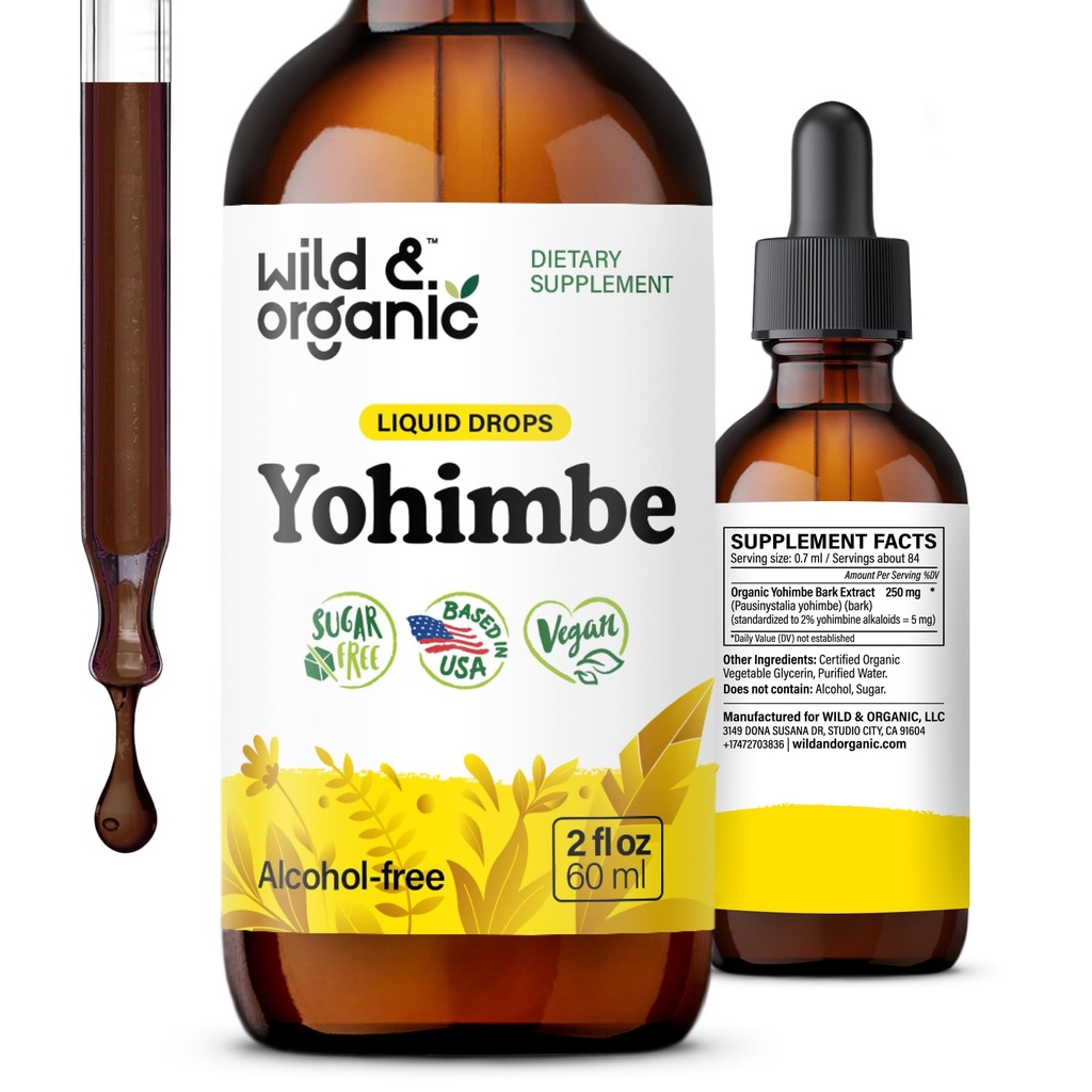 Wild & Organic Yohimbe Suplementos para homens e mulheres - 5 mg Yohimbine Liquid Extract Drops - Pausinystalia Yohimbe Bark Tintura - Vegan, Alcohol-Free - 2 fl oz