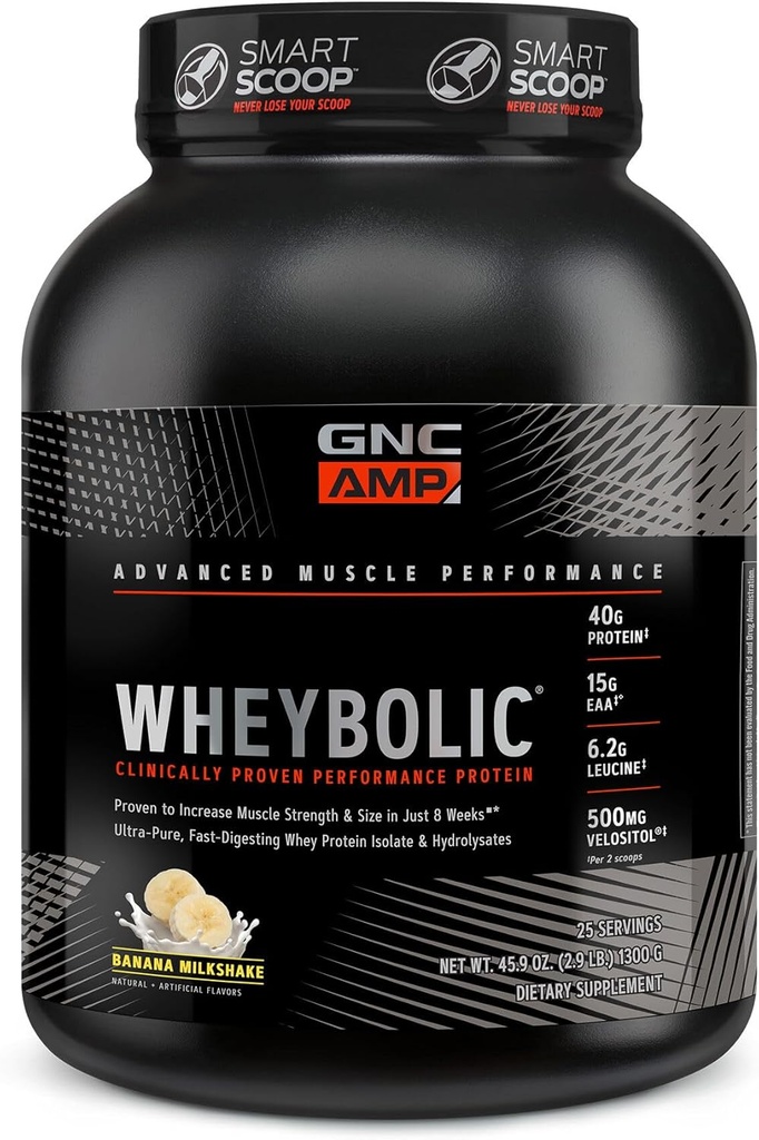 GNC AMP Wheybolic clinicamente comprovada proteína em pó, 40g Whey Protein, BCAA, Leucina, aumenta a força muscular, Muscle Building, 3rd Party Tested, Gluten Free, Banana Milkshake, 25 Servings