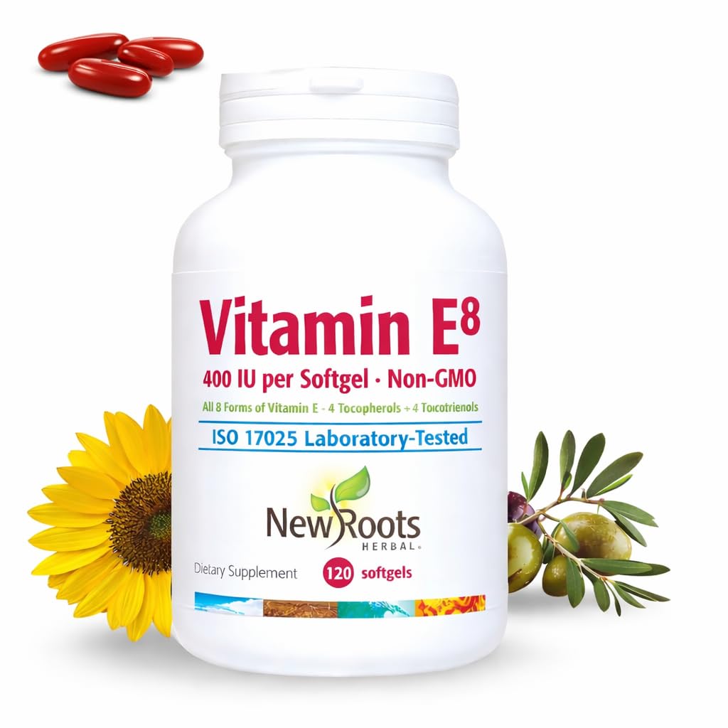 NOVAS ROOTS HERBAL Vitamina E 400 UI Cápsulas □ Suplemento Orgânico Antioxidante □ Todos os 8 Tipos de Vitamina E para o Cérebro e Visão Suporte □ 4 Tocoferóis e 4 Tocotrienóis para Mulheres e Homens (120 Softgels)