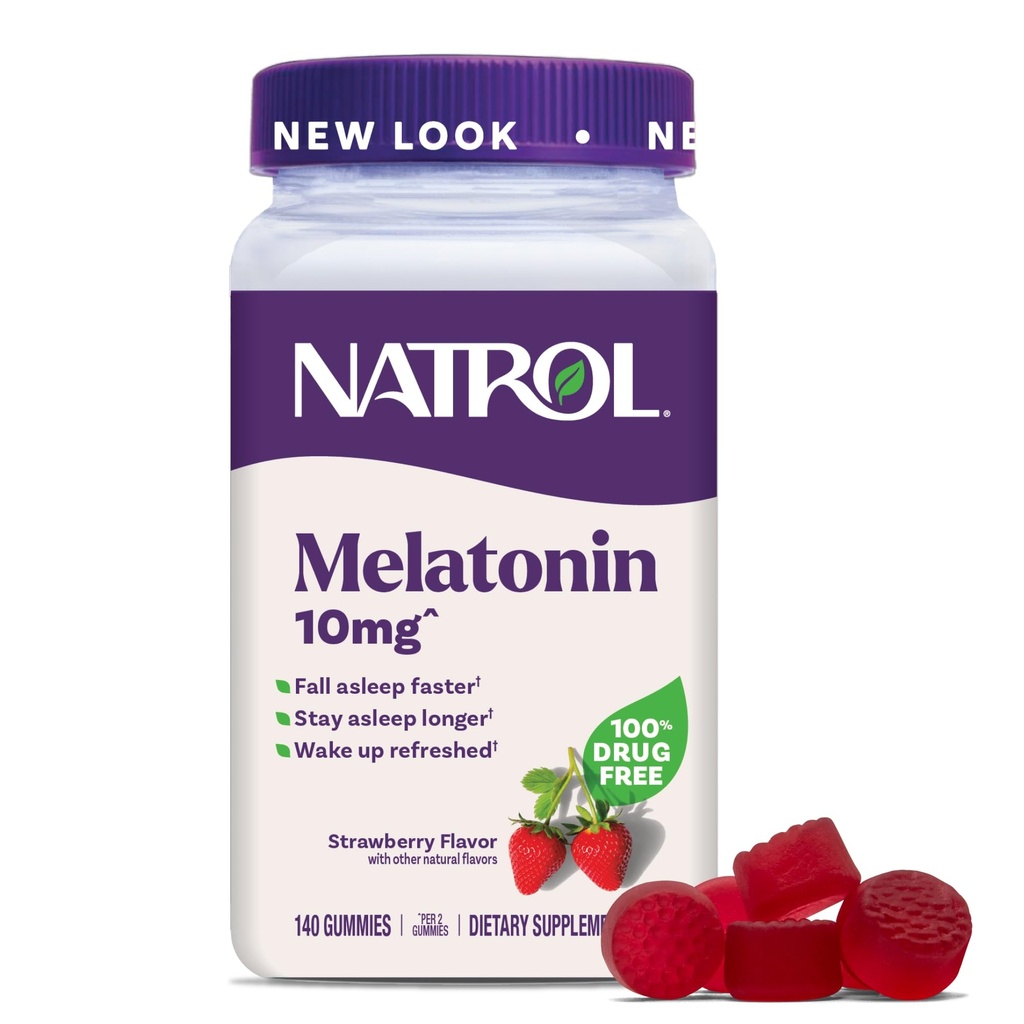 Natrol Melatonina Gummies, Suporte ao Sono para Adultos, Melatonina 10 mg, 140 Strawberry-Flavored, Até 70 dias
