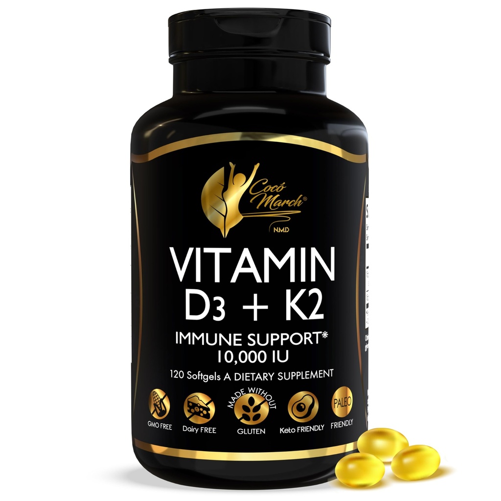 Cocó March N.M.D Vitamina D3+K2 10.000 UI - Suplemento de alta potência para mulheres e homens, suporte imunológico, saúde óssea e conjunta - Sem glúten, não-GMO, fornecimento de 4 meses, 250 mcg D3, 180 mcg de vitamina K2