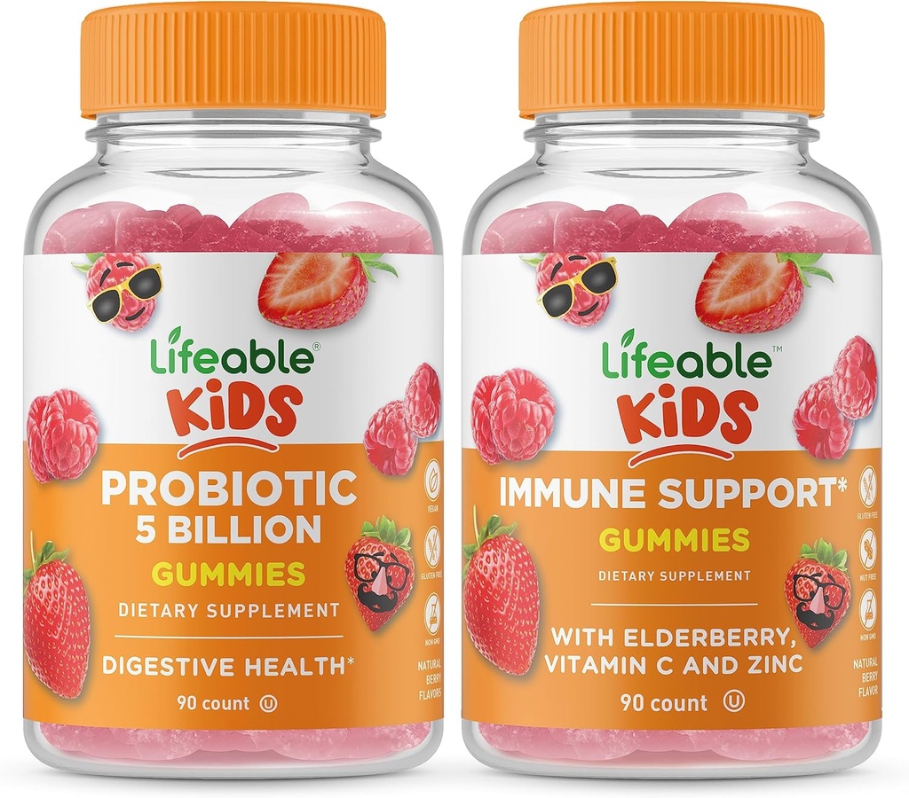 Probióticos viáveis 5 bilhões Crianças + suporte imunológico Crianças, chicletes Bundle - Grande degustação, Suplemento Vitamina, Glúten Livre, GMO Livre, chiclete mastigável