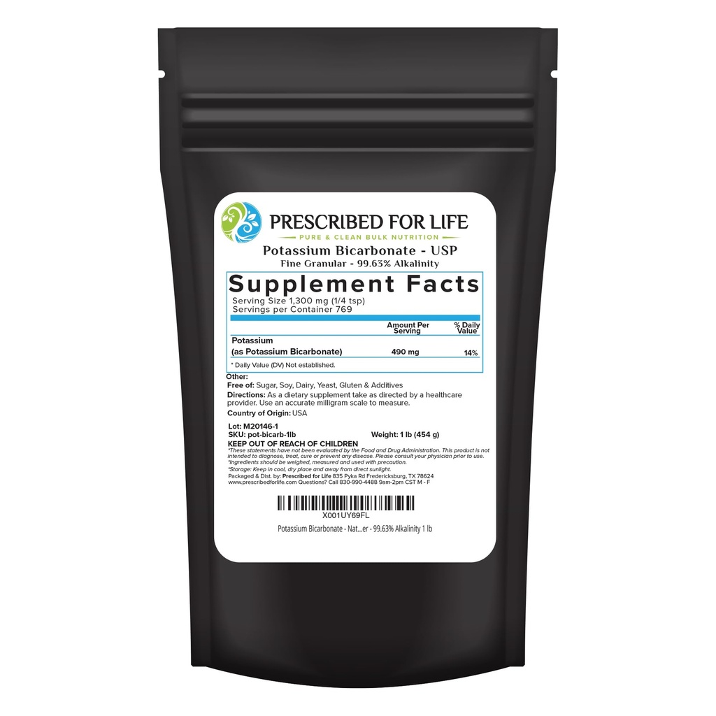 Prescrito para Vida Pó de Bicarbonato de Potássio, Pure USP & Food Grade Bicarbonato de Potássio para Plantas, Vinificação, & Cozimento, Cristalino em pó, 39% K (1lb)