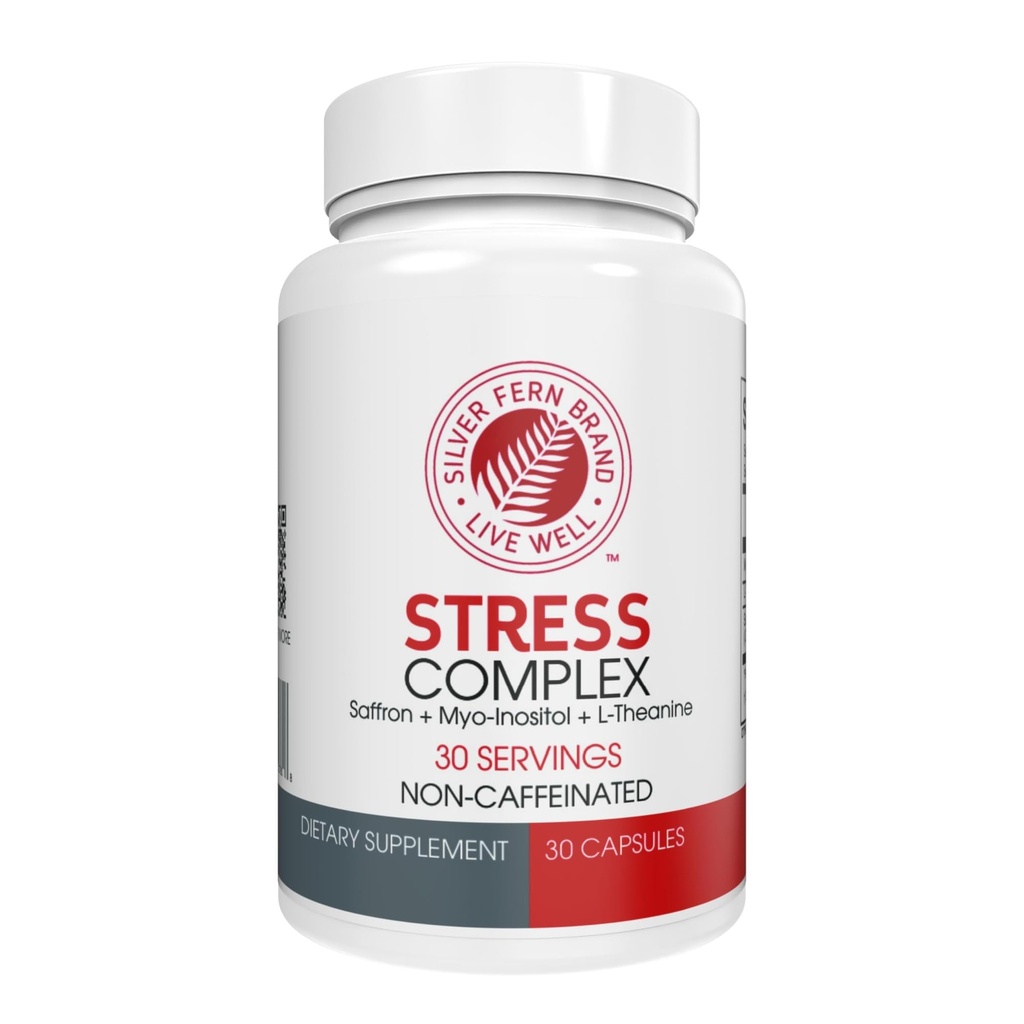 Silver Fern Stress Complex Supplement - Sem Cafeína - Dormir, Preocupar-se, Mood & More - com suplementos de açafrão, L-Teanina Suplemento, & Myo-inositol - Suplemento de alívio de estresse natural (Pacote de 1)