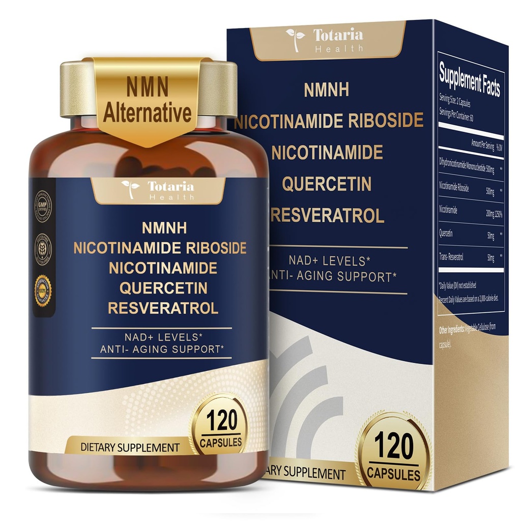 Totaria NMNH (Dihidronicotinamida Mononucleotídeo), NMN Suplemento Alternativo w/Niacinamida (Vitamina B3), Quercetina, Trans-Resveratrol, Suporte NAD+, Saúde da Célula da Pele*, Antienvelhecimento & Energia, 120 Caps