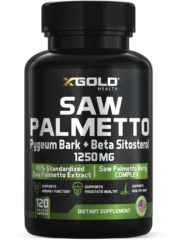X Gold Health Saw Palmetto Prostate Supplement for Men , Pigeum Bark , Beta Sitosterol Supplement , Potent 3X Formula , Prostate função urinária , DHT Blocker Hair Growth , 4 meses de fornecimento Made in USA