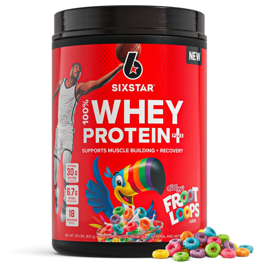 6 Estrelas Whey Protein Powder Plus - Muscle Building & Recovery Formula com Whey Isolate Powder, BCAAs, 30g Protein, Imune Support - Suplemento pós-trabalho - Froot Loops Flavor de Kellogg, 1,8 lbs