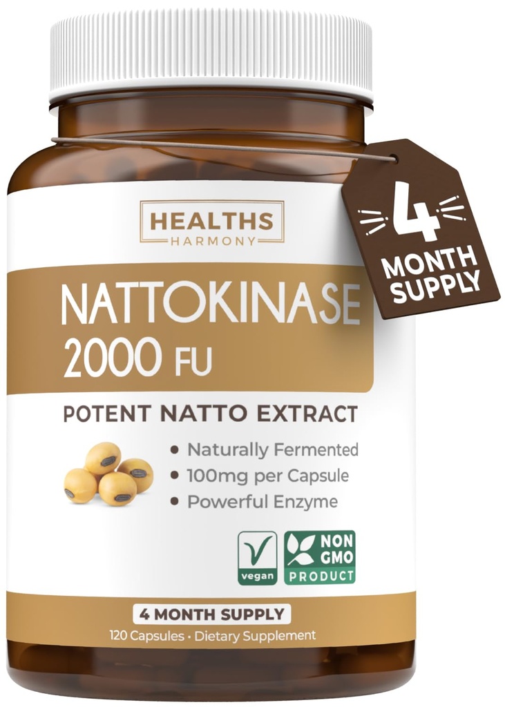 Saúde Harmony Nattokinase 2000 FU (Não-GMO) Suplemento poderoso Nattokinase feita de soja naturalmente fermentado - (4 Mês de fornecimento) 120 cápsulas Vegan Natto