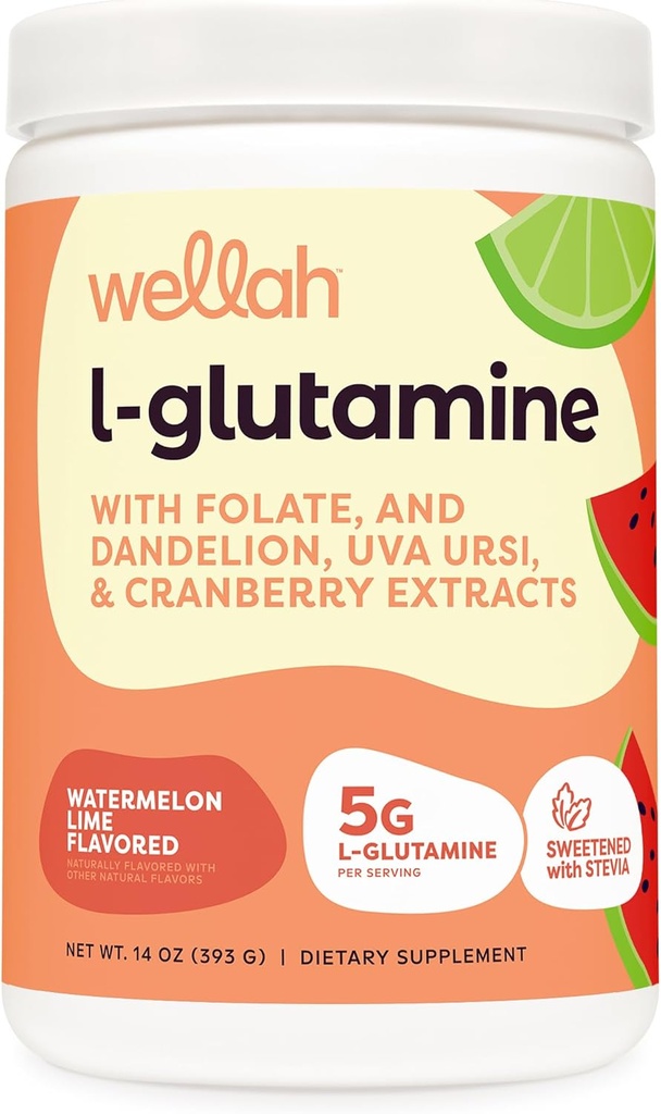 Wellah L-Glutamina pó melancia Limão (50 Servings) - 5g L-Glutamina por serviço, Adoçado com Stevia