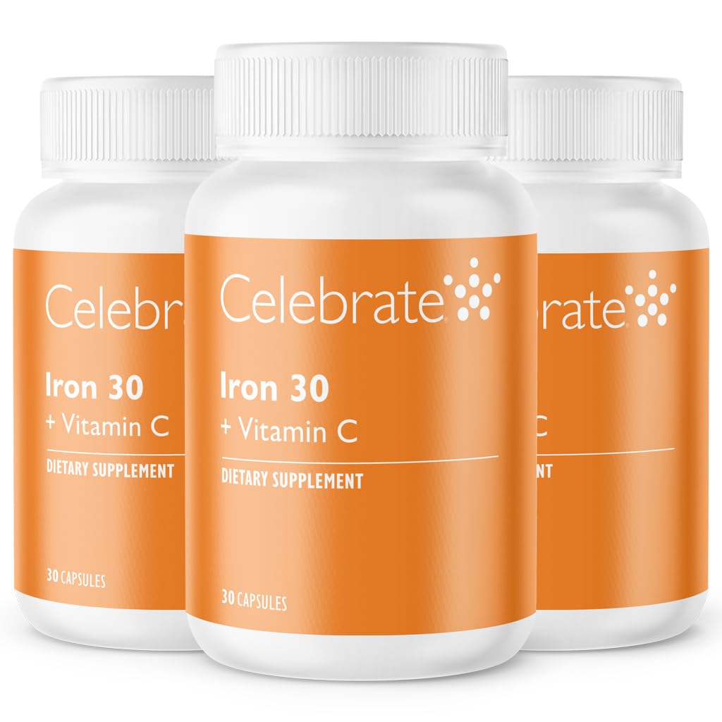 Celebre Vitaminas Suplemento de Ferro com Vitamina C - 30mg Ferro, 60mg Vitamina C, Vitaminas Bariátricas para Pacientes WLS, Mangueira Vertical e Cirurgia Bypass gástrica – 90 Cápsulas
