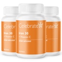 Celebre Vitaminas Suplemento de Ferro com Vitamina C - 30mg Ferro, 60mg Vitamina C, Vitaminas Bariátricas para Pacientes WLS, Mangueira Vertical e Cirurgia Bypass gástrica – 90 Cápsulas