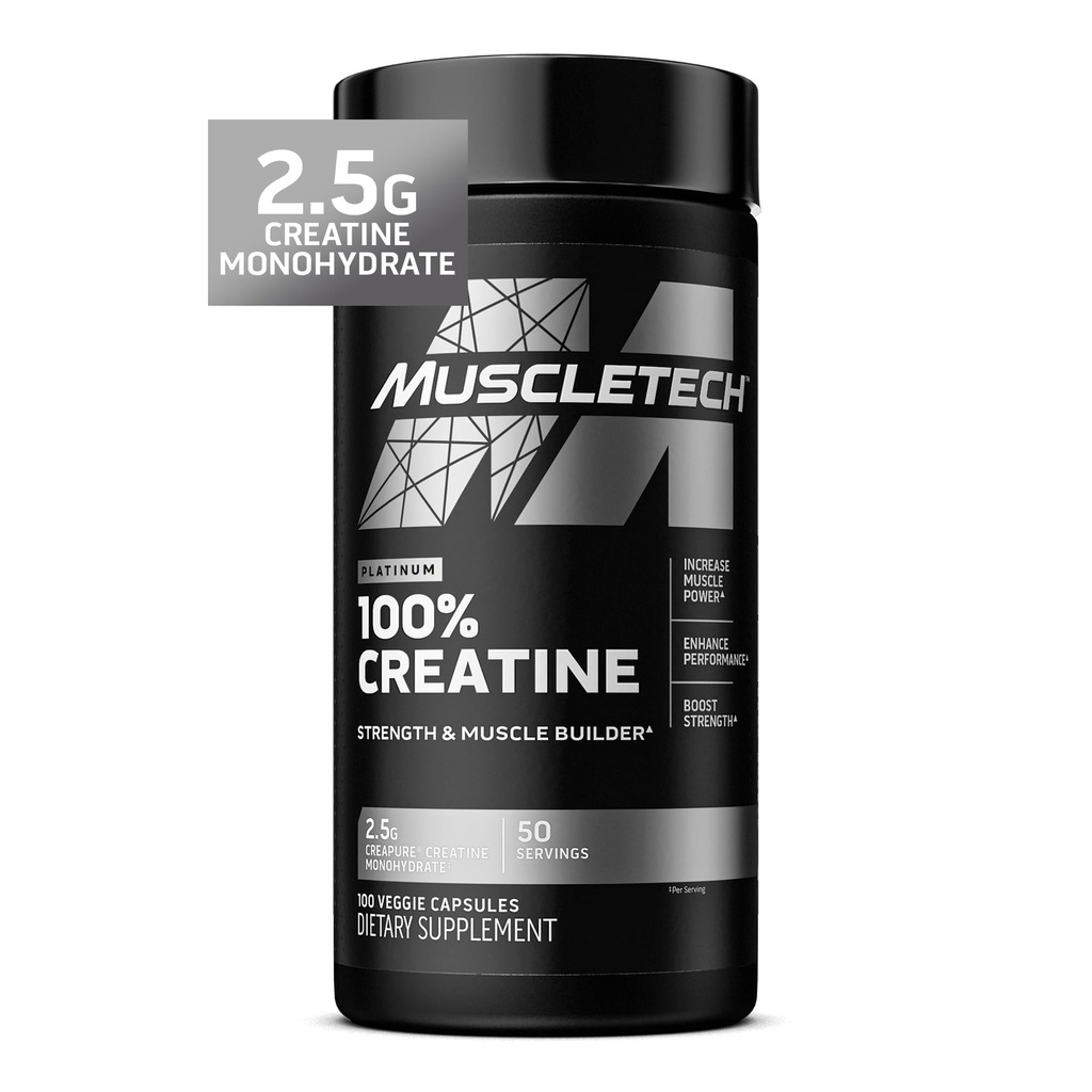 MuscleTech Platinum Creatine Monohidrato Cápsulas - Creapure Creatina Pré e Pós Treino Muscle Builder, Muscle Recovery & Energy Boosting Supplement for Men & Women - 100 comprimidos vegetarianos