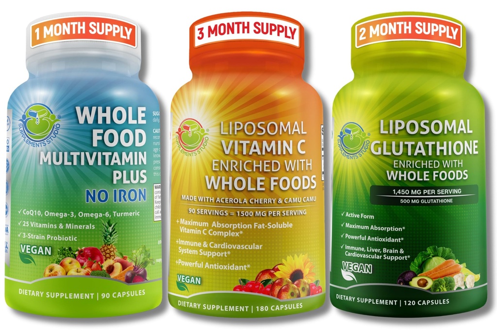 Imune & Daily Wellness Suporte Bundle para mulheres e homens – Vitamina lipossomal C 1500mg + Vegan Whole Food Multivitamin No Iron + Glutationa lipossômica 500mg – Vegan, Não-GMO, Limpo apoio ao bem-estar diário