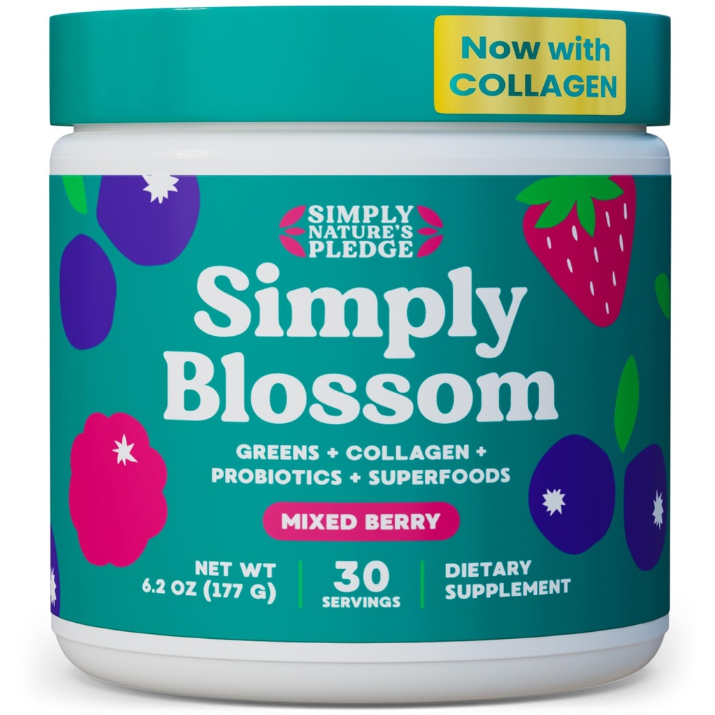 Simplesmente Blossom Nutrition - Verdes diários & Superfood Pó + Colágeno + Probióticos para a saúde digestiva da mulher & Bloating alívio. Ajude sua saúde Bloom - 30 dias de fornecimento