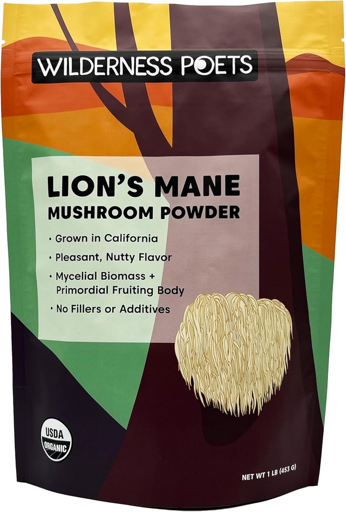 Poetas de Wilderness, Leões Orgânicos Mane Mushroom Powder - Califórnia Crescido - Tamanho em massa (16 onça - 1 libra)
