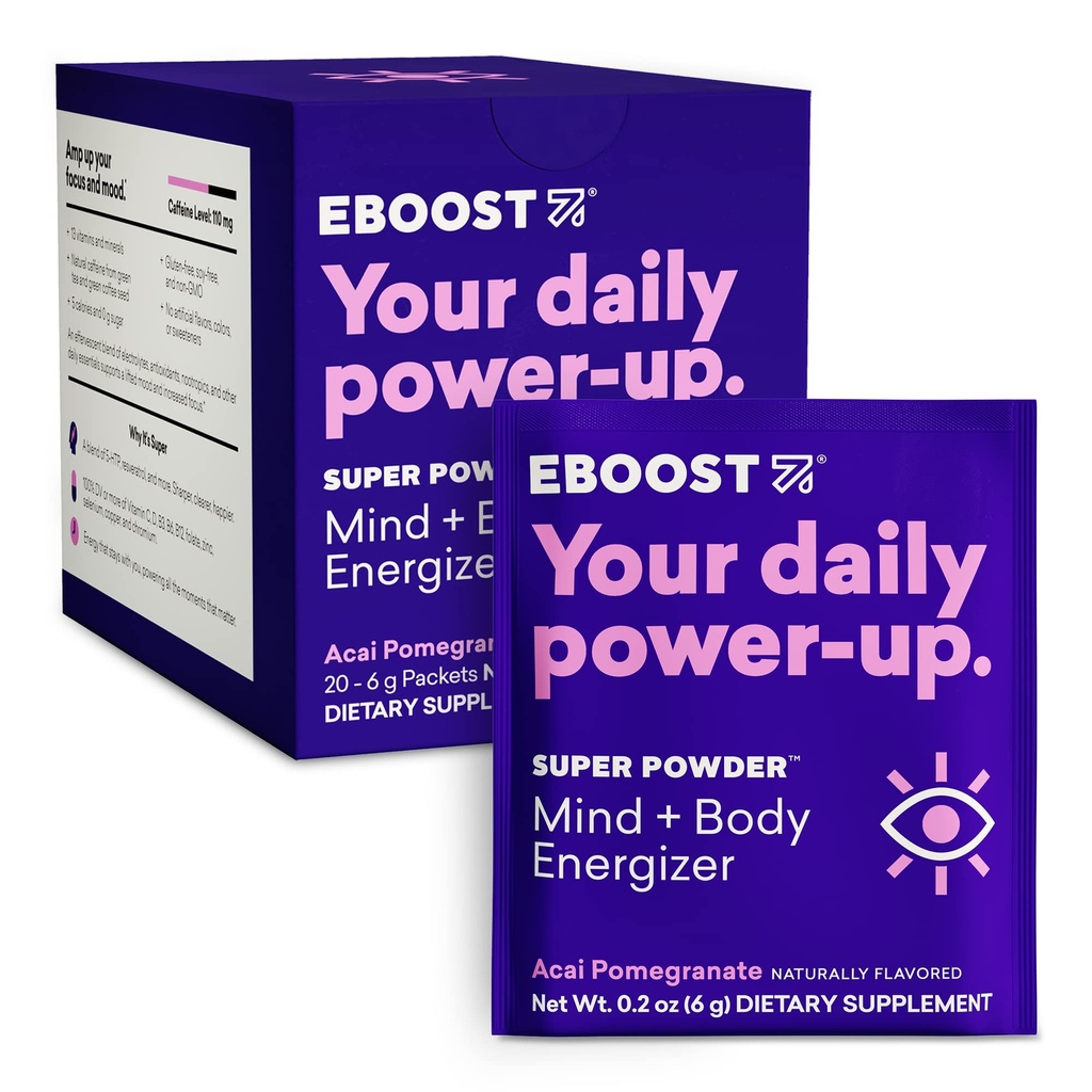 EBOOST Super Energia em pó mistura de bebida, não-GMO Suplemento Eletrolítico carregado com vitaminas (Açaí Romã), 0,2 onça (Pacote de 20)